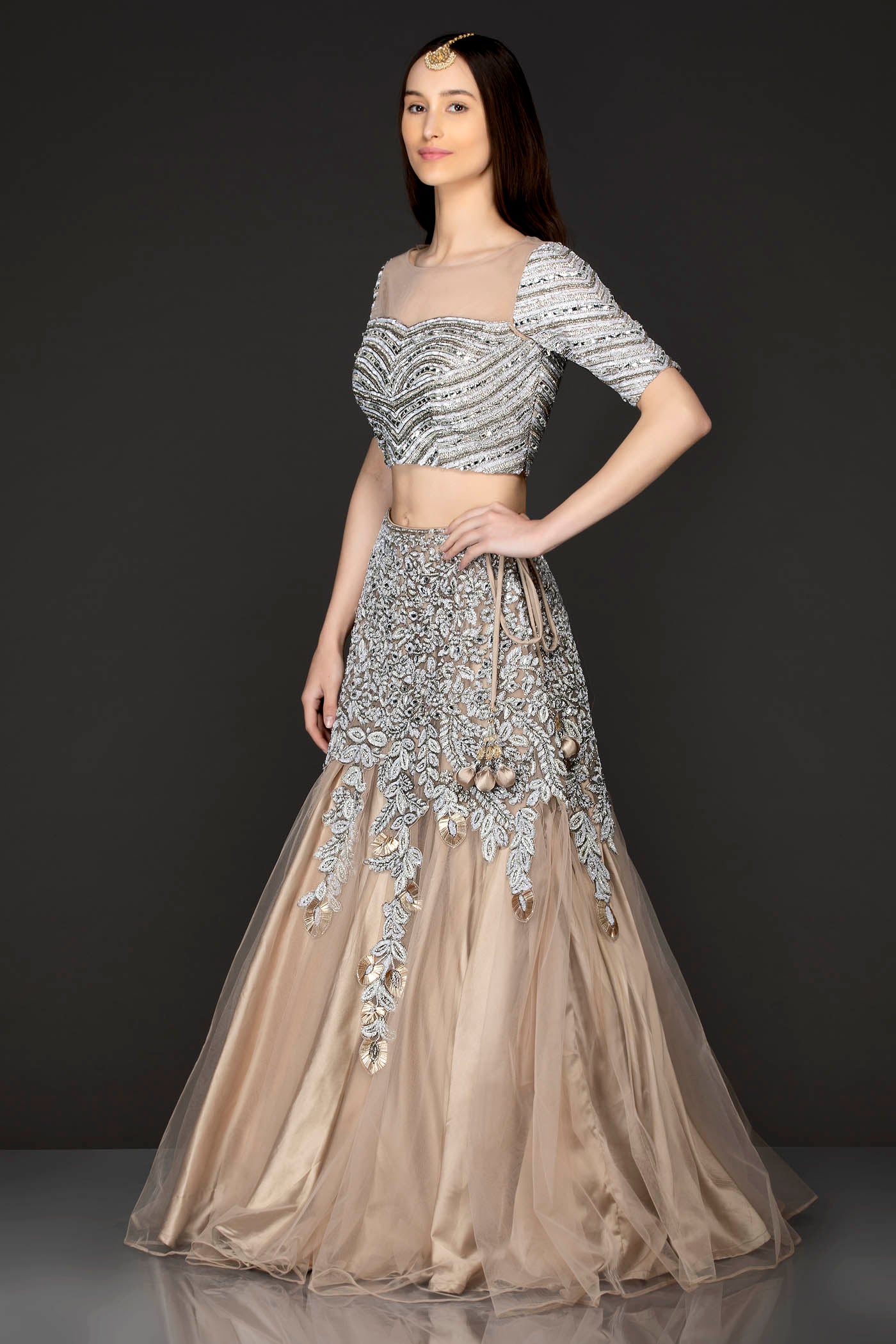 Beige Gold Net Skirt Top With Heavy Embellishment of Thread/Badla/Stone work