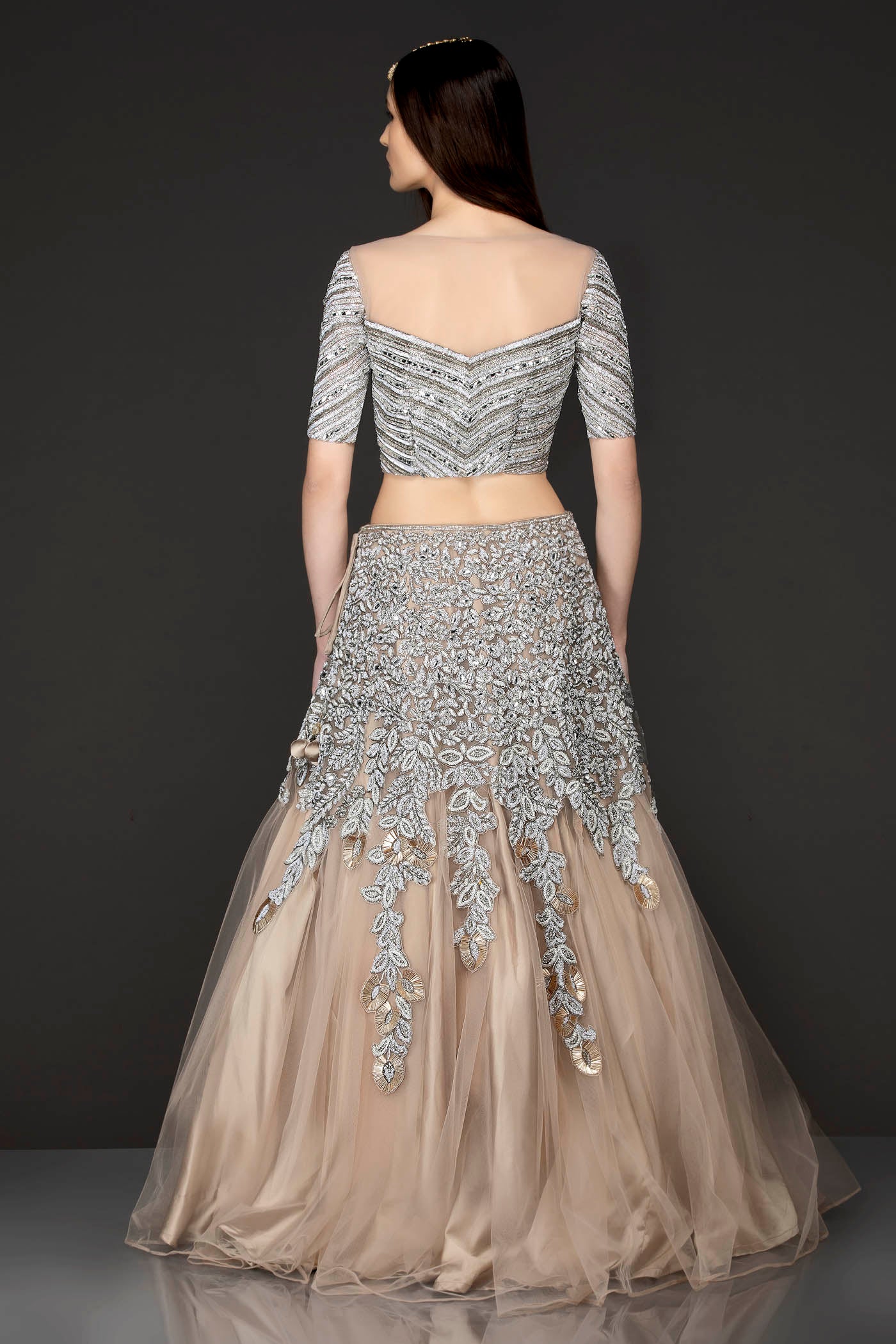 Beige Gold Net Skirt Top With Heavy Embellishment of Thread/Badla/Stone work
