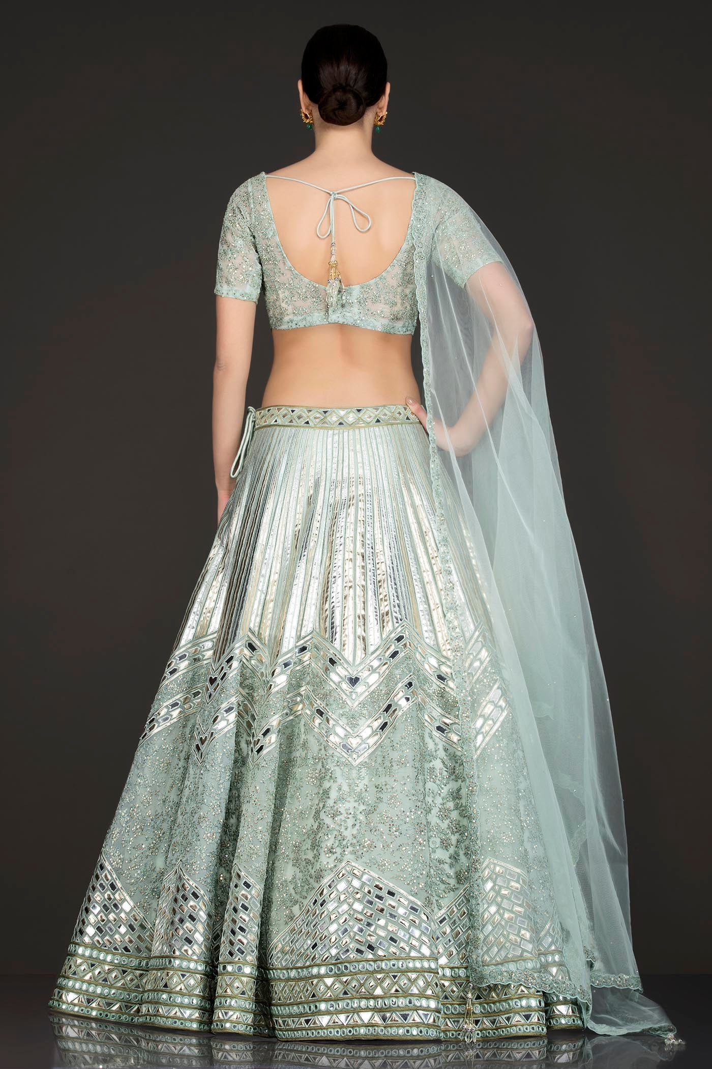 Mint Green Net Skirt/Lehenga/Dupatta With Leather Patch Embroidery