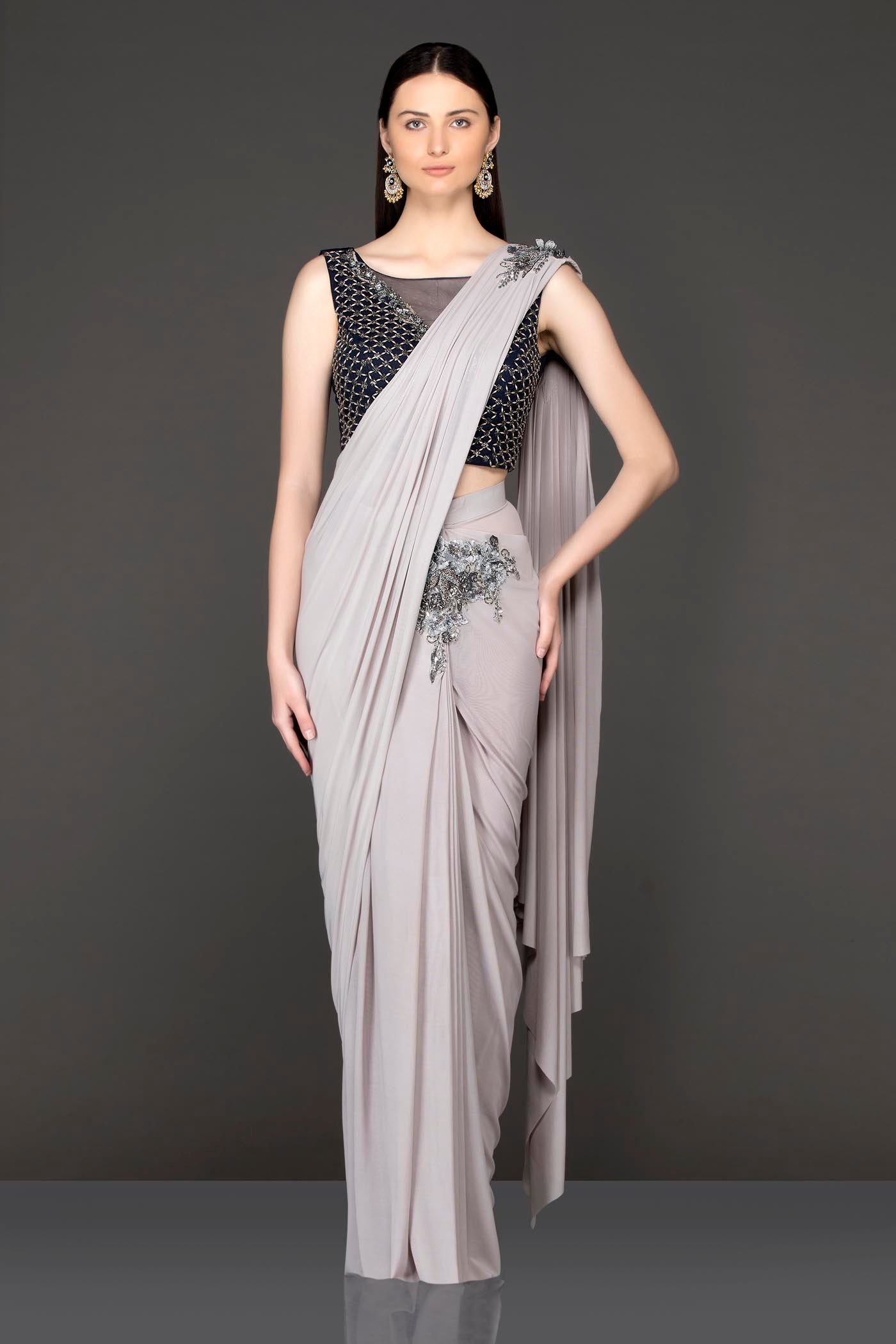 Grey Lycra Ready Pleated Saree With Black Velvet Blouse