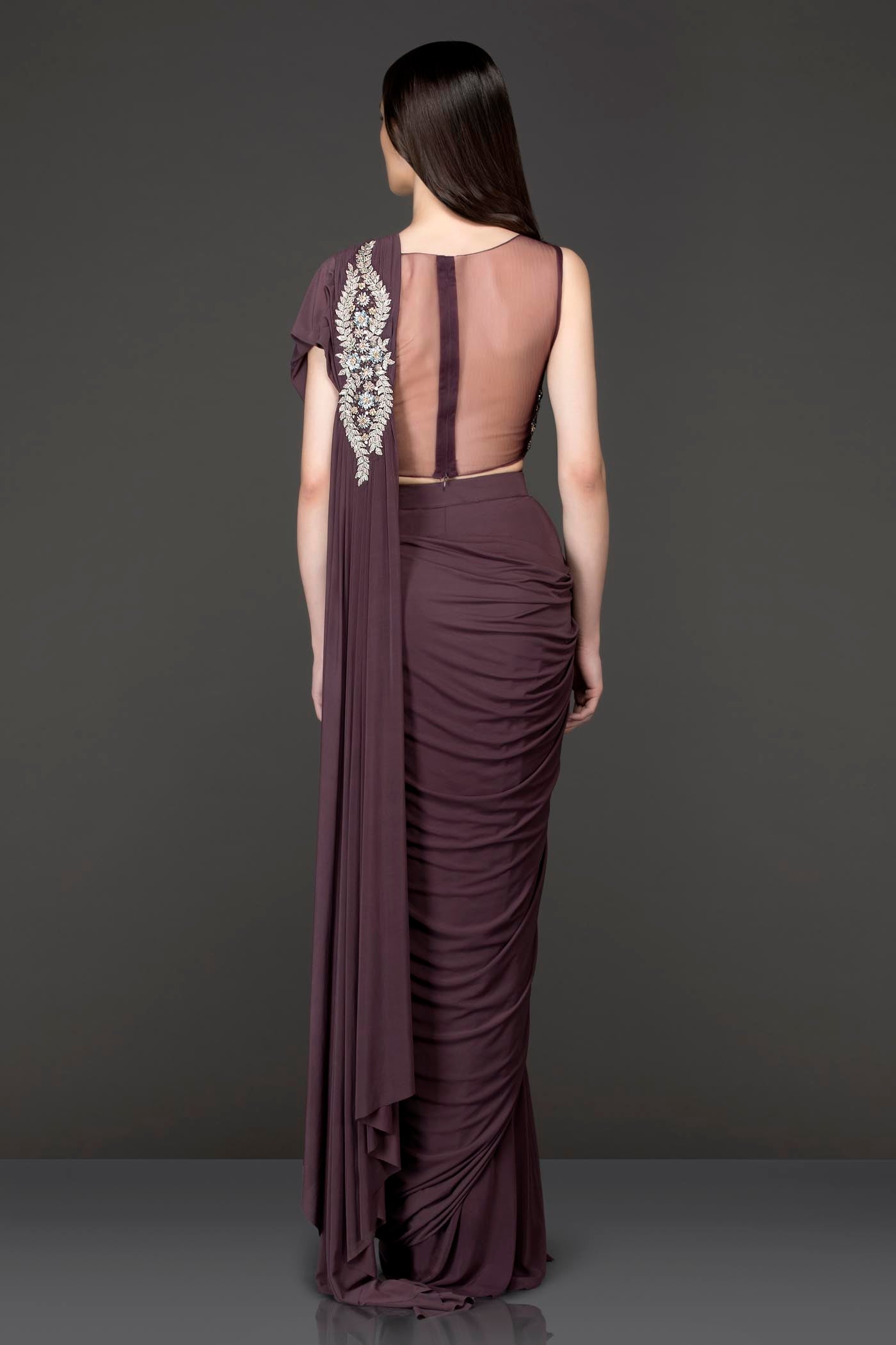 Wine Colour Lycra Readymade Saree With Net Blouse And Silver Dabka
