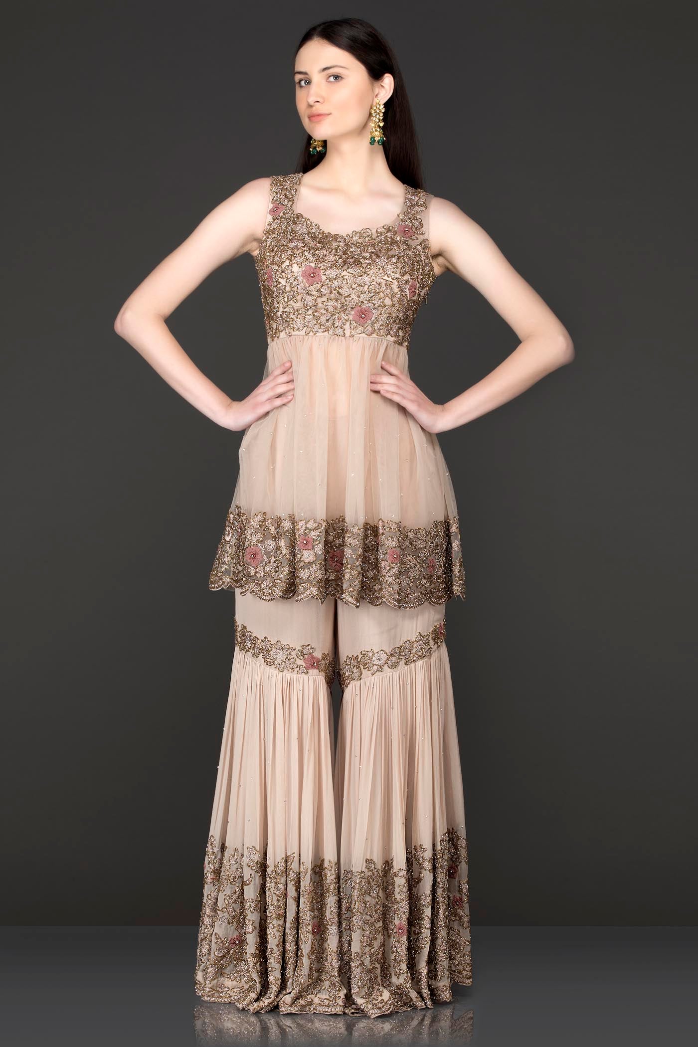 Nude Peplum Net Top With Georgette Sharara And Net Dupatta
