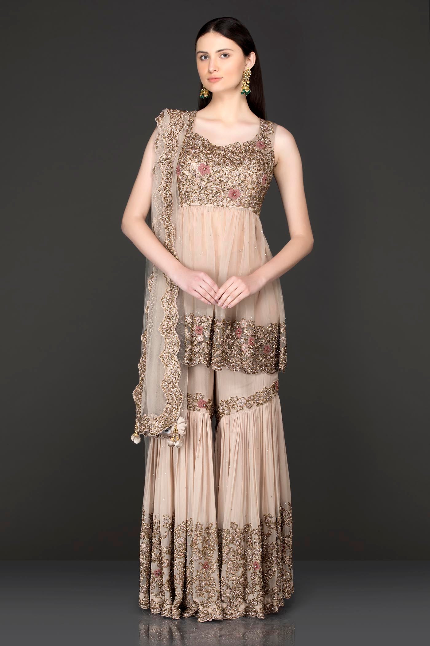 Nude Peplum Net Top With Georgette Sharara And Net Dupatta