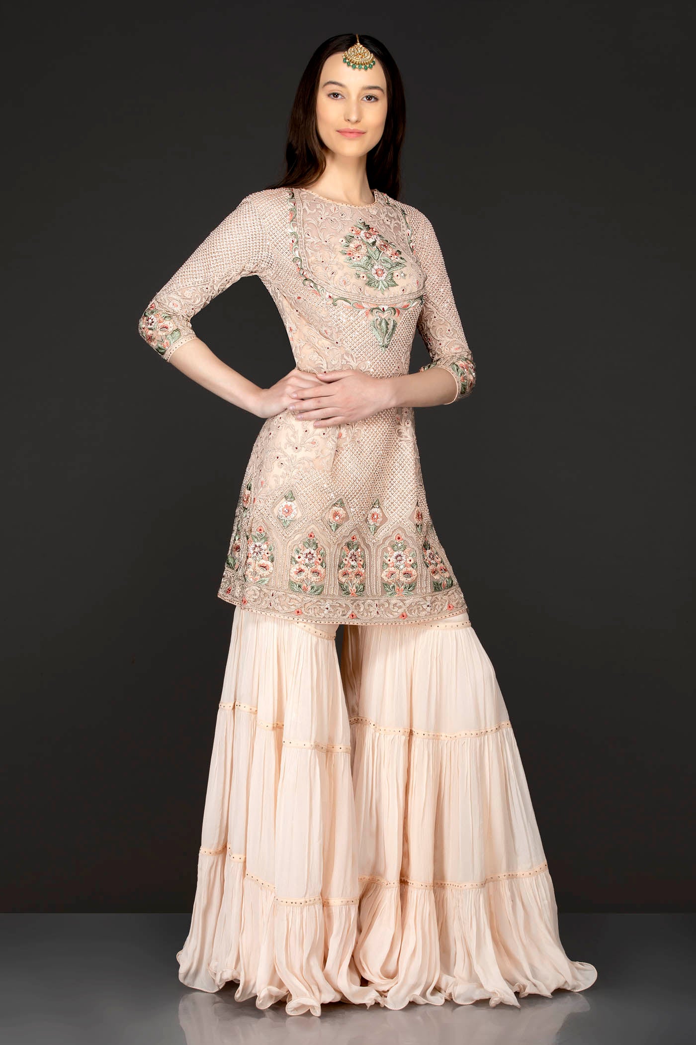 Peach Colour Kameez With Frill Sharara And Net Dupatta