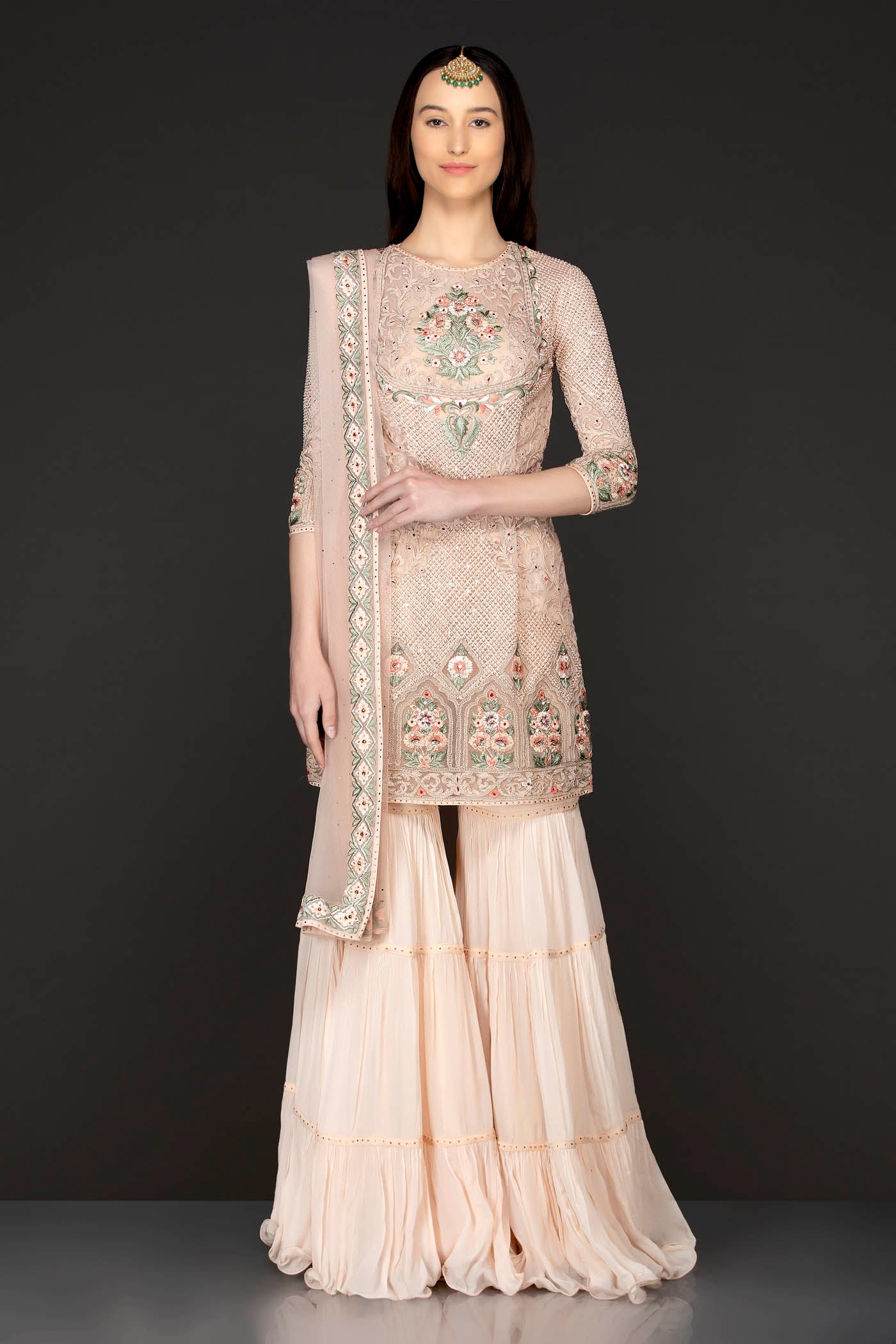Peach Colour Kameez With Frill Sharara And Net Dupatta