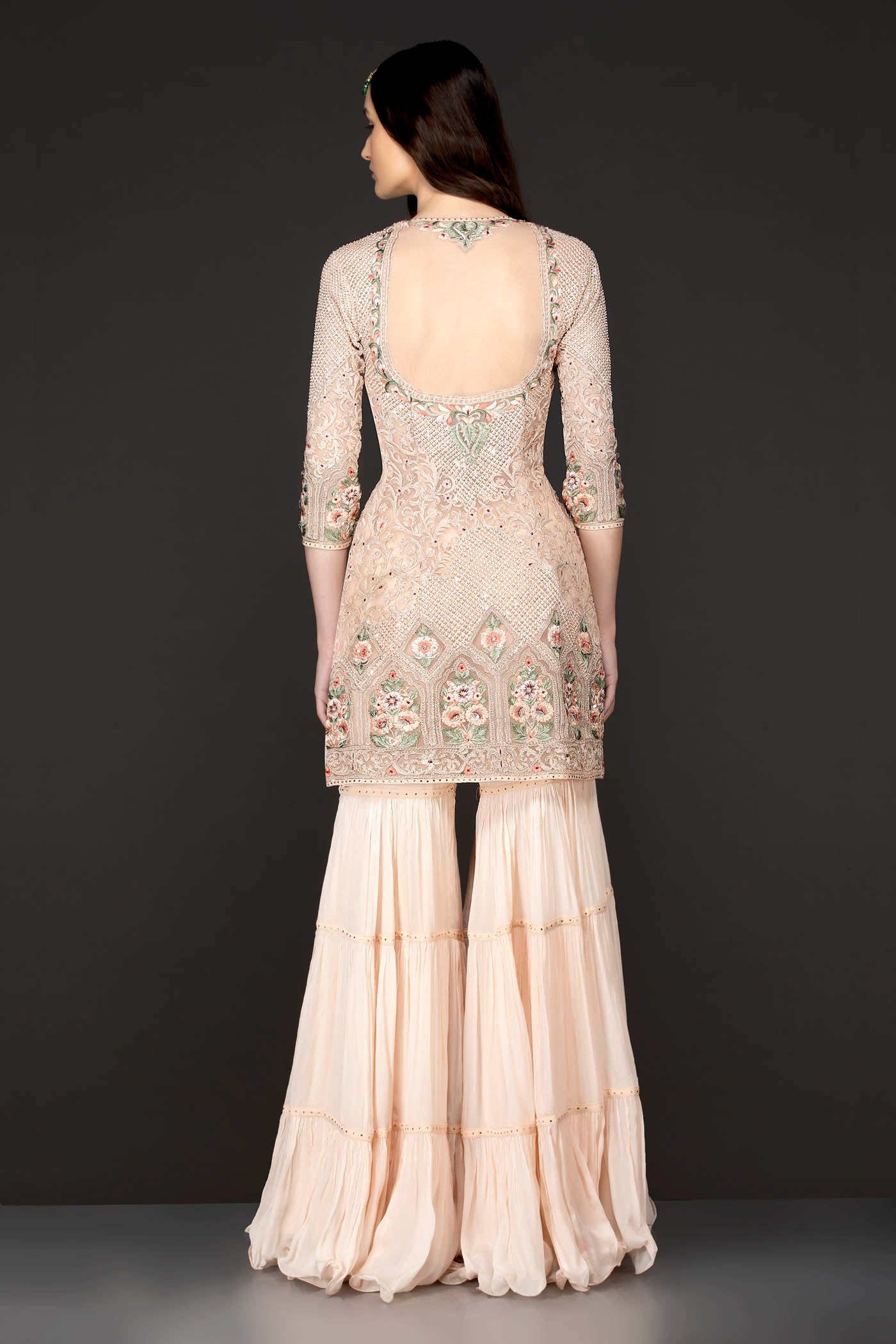 Peach Colour Kameez With Frill Sharara And Net Dupatta