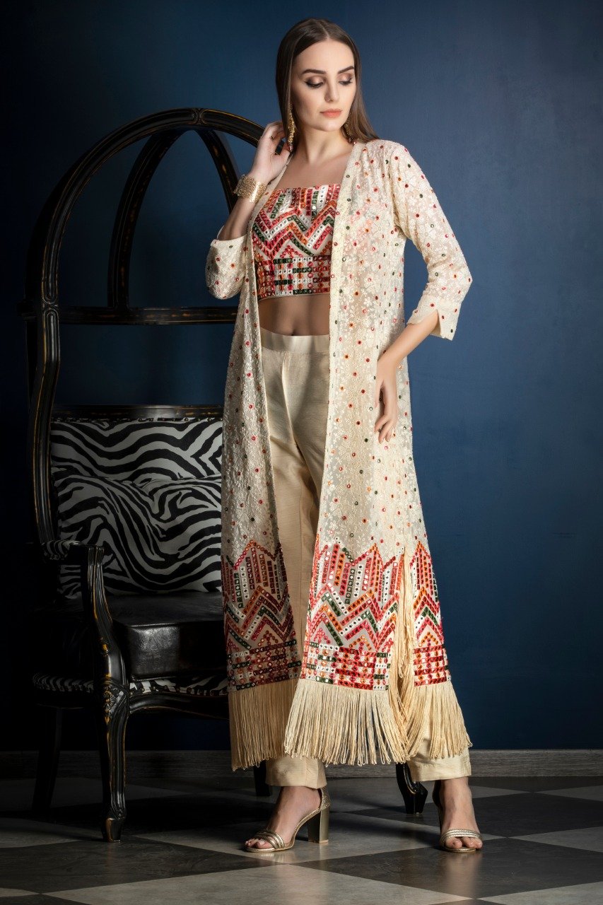 Multicolor threadwork Ivory Crop top and Pants with Jacket