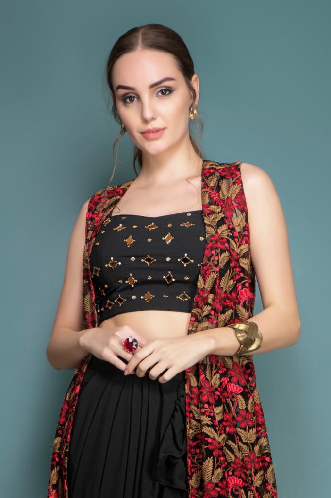 Floral Jacket, Mirror work top and Dhoti