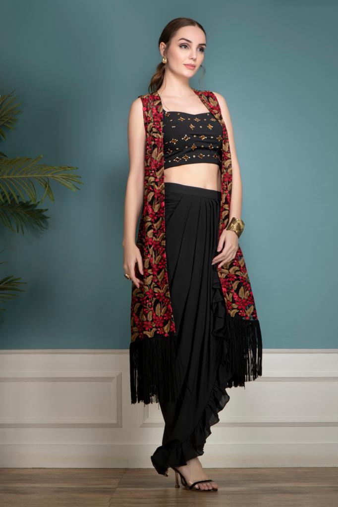 Floral Jacket, Mirror work top and Dhoti