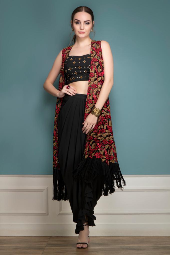 Floral Jacket, Mirror work top and Dhoti