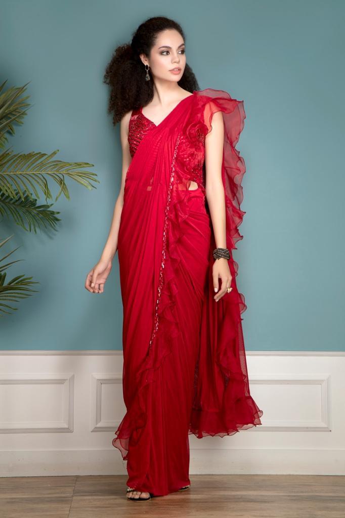Red Ruffle Saree