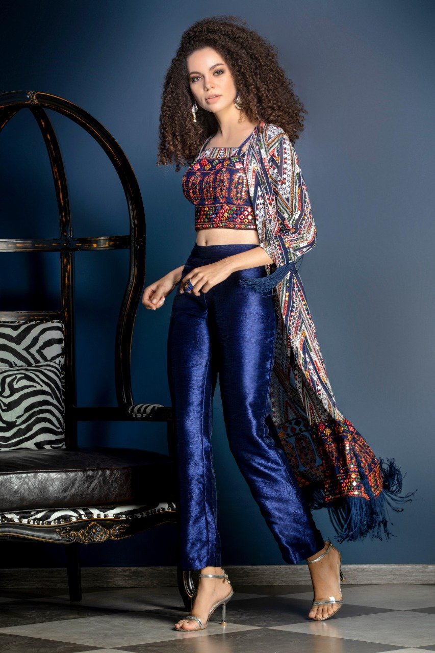 Navy Crop top, Pants and Jacket with threadwork