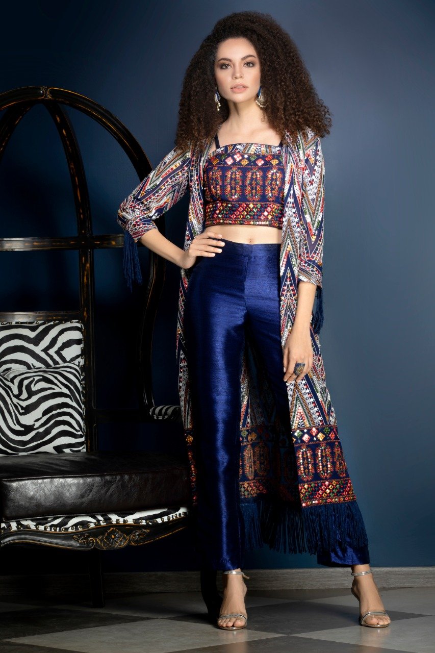 Navy Crop top, Pants and Jacket with threadwork