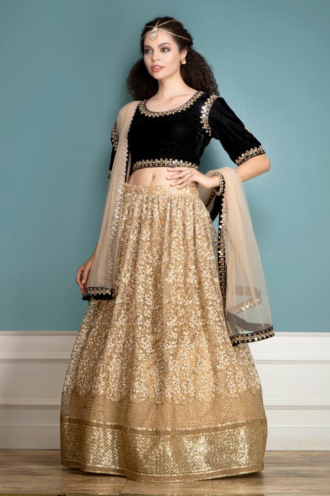 Micro-velvet top and Golden lehenga