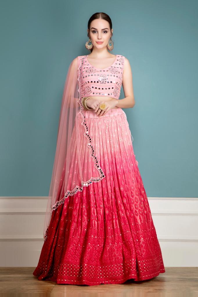 Pink Blouse, Ombre Chiken Skirt and mirror work scarf