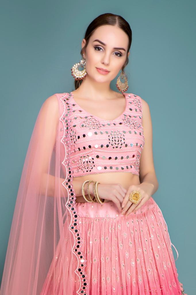 Pink Blouse, Ombre Chiken Skirt and mirror work scarf