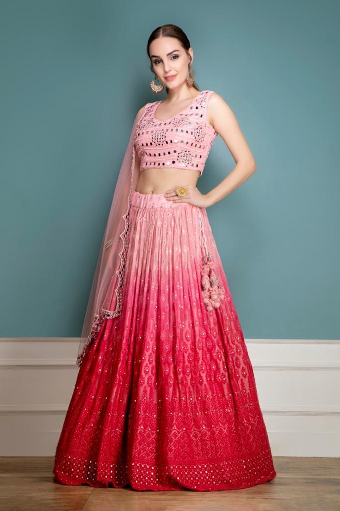 Pink Blouse, Ombre Chiken Skirt and mirror work scarf