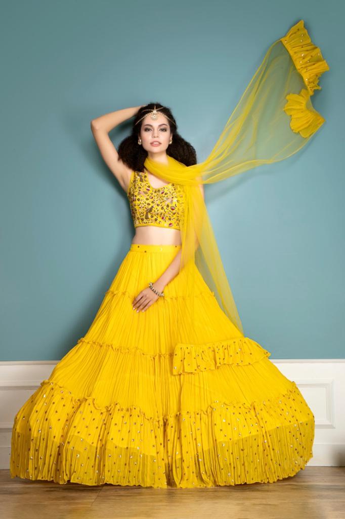 Partywear yellow lehenga and matching dupatta