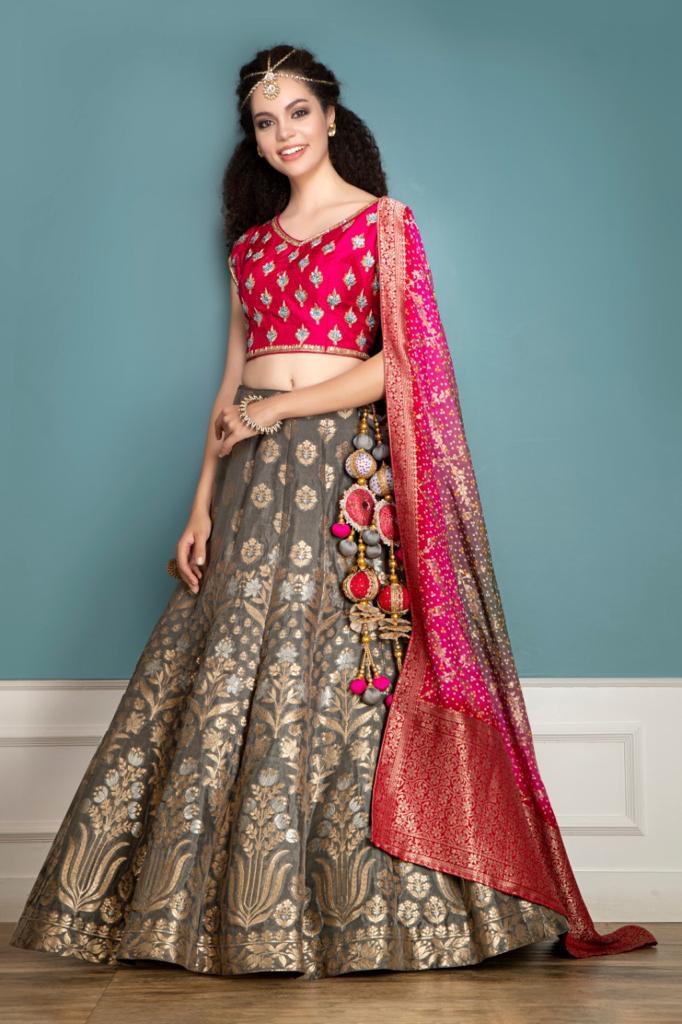 Pink Blouse, Brocade Skirt and Contrast Dupatta
