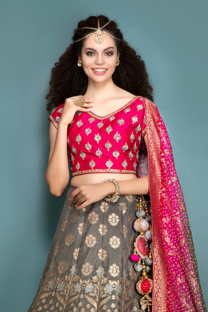 Pink Blouse, Brocade Skirt and Contrast Dupatta