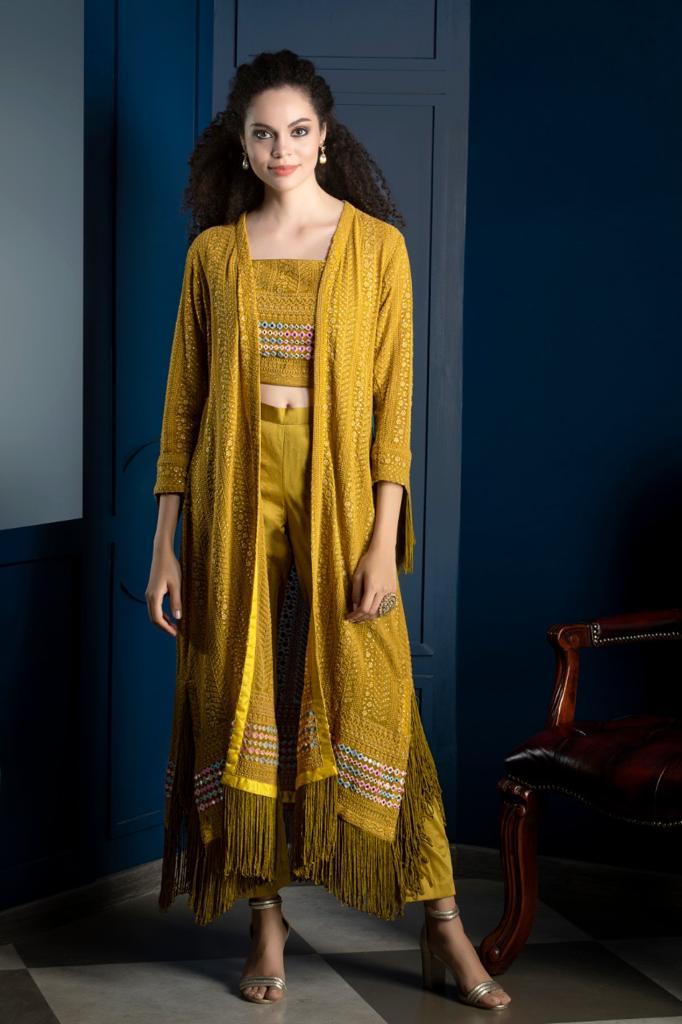 Mustard Yellow Top, Pants and Chikenkari Jacket
