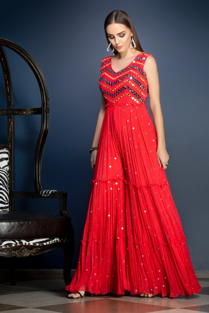 Red Indo-western Jumpsuit with mirror work