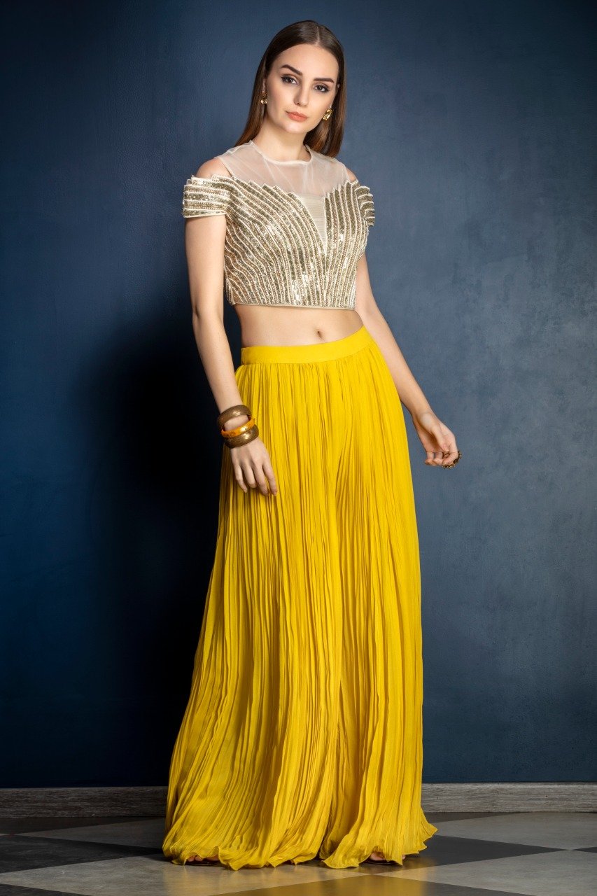 Mustard Yellow Sharara with leather patchwork