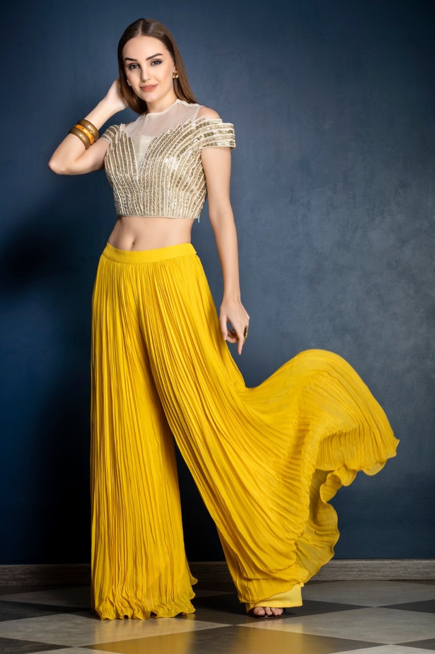 Mustard Yellow Sharara with leather patchwork