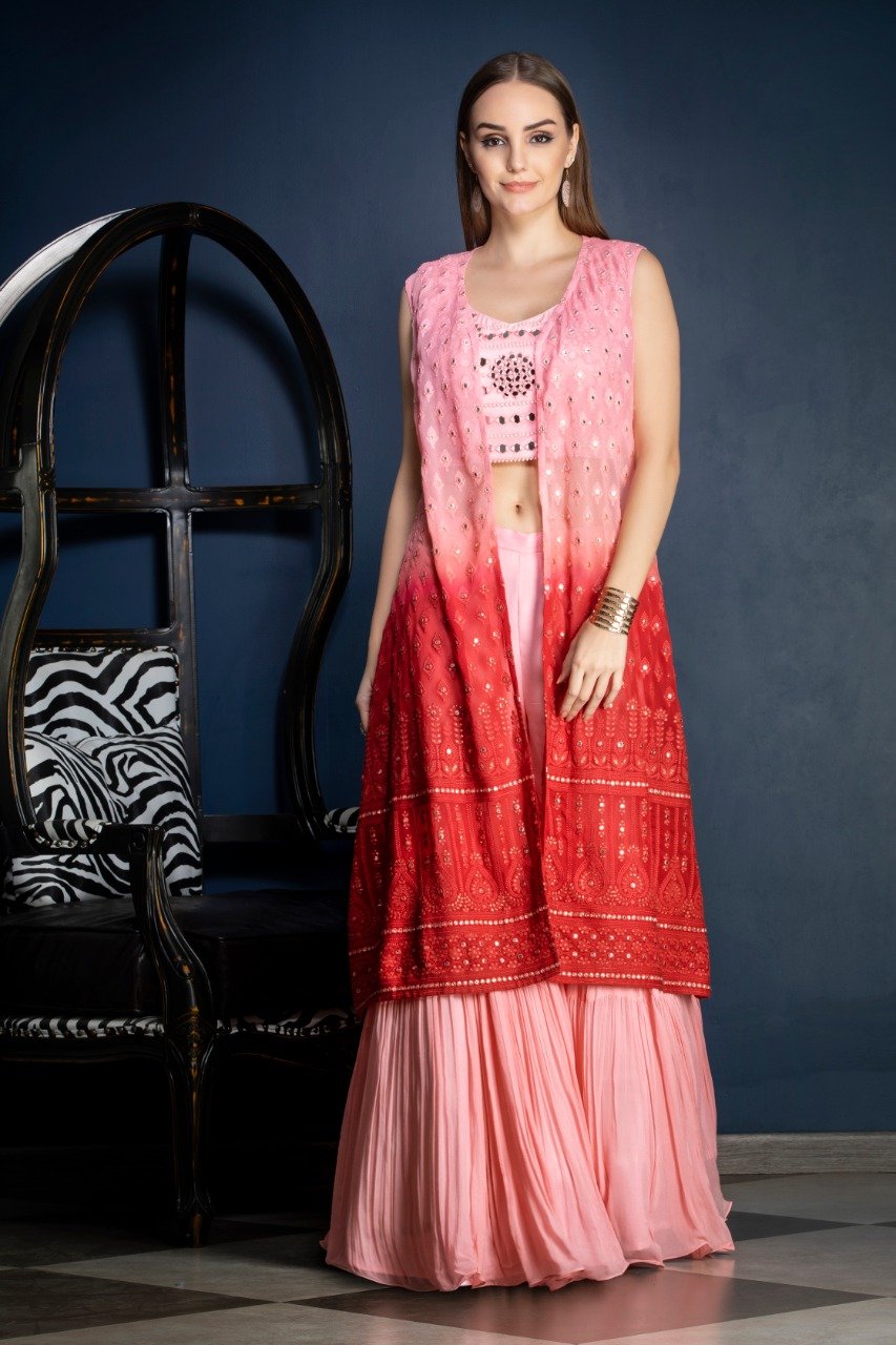 Chikenkari Gharara with mirror work
