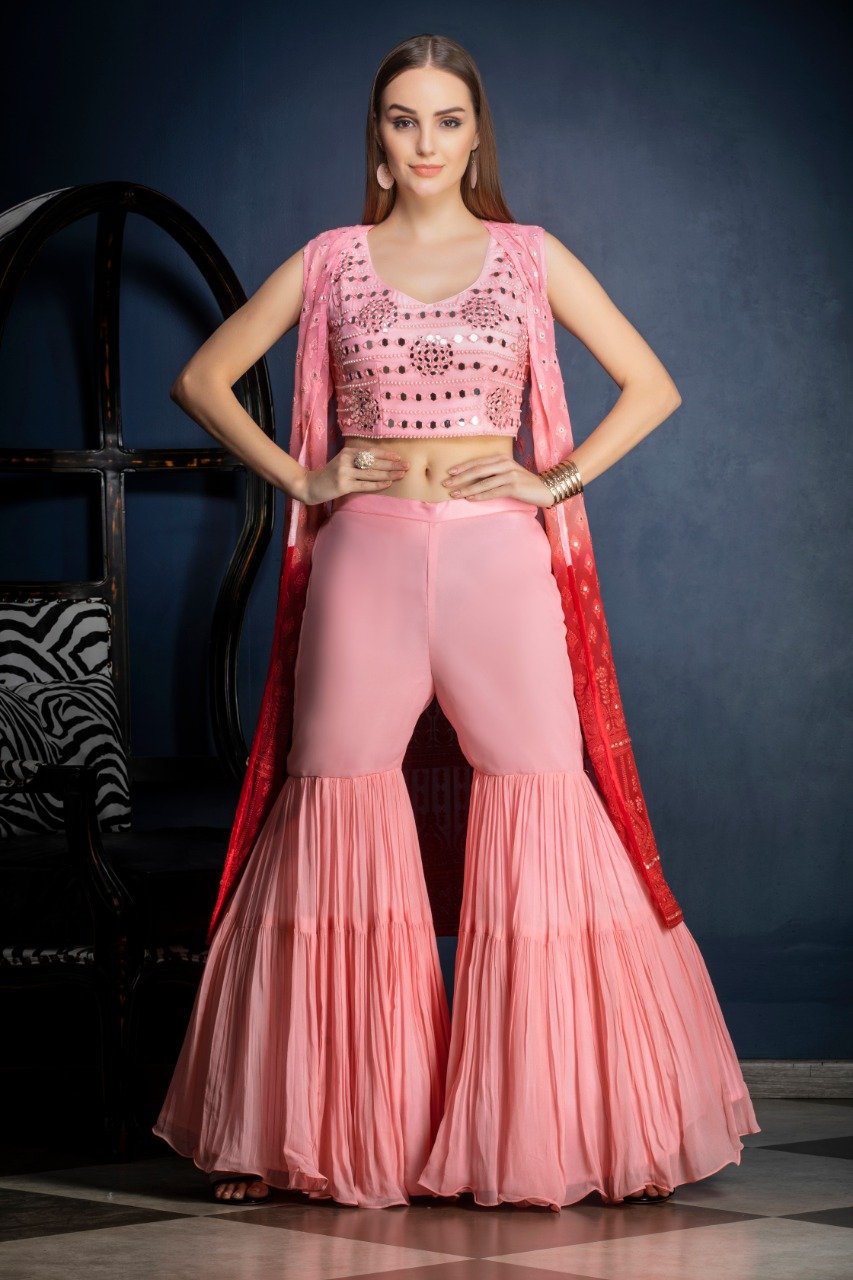 Chikenkari Gharara with mirror work