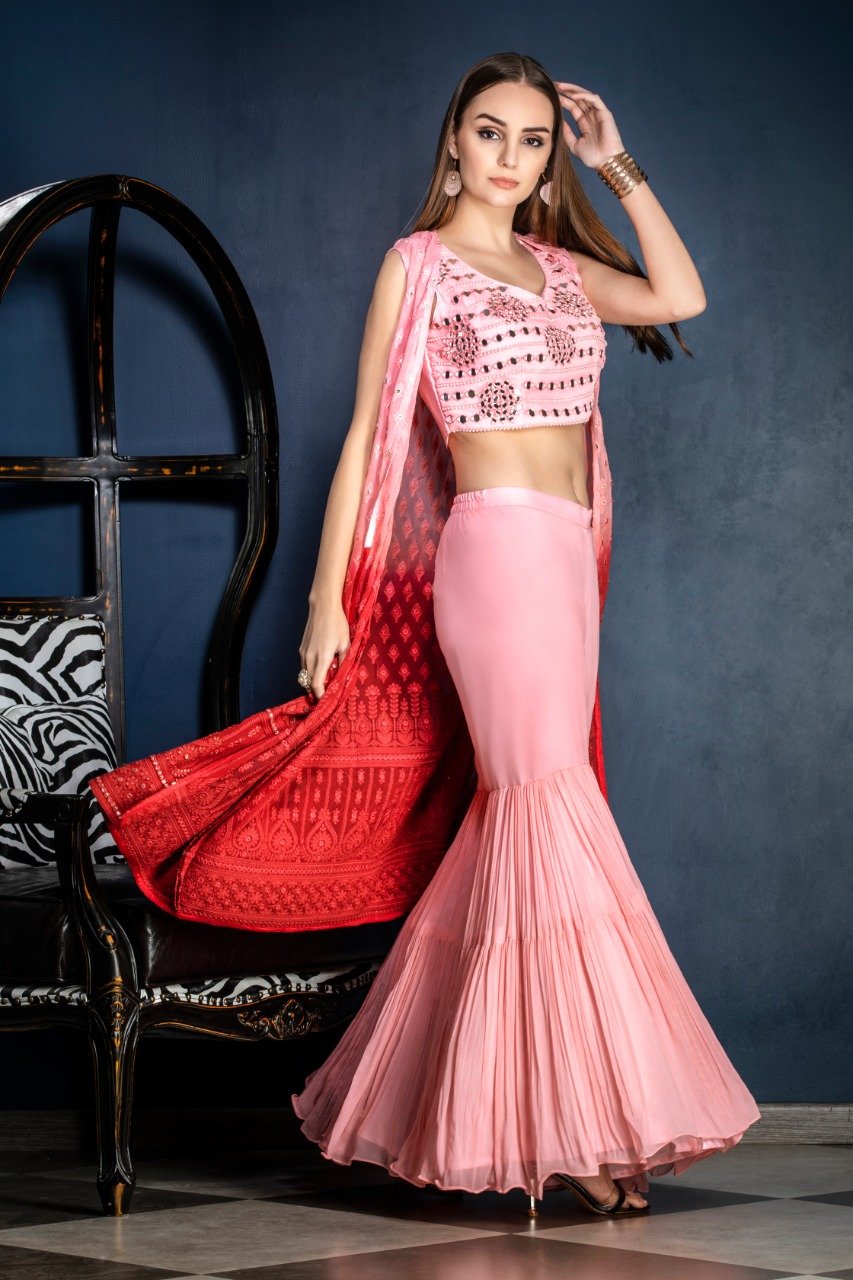 Chikenkari Gharara with mirror work