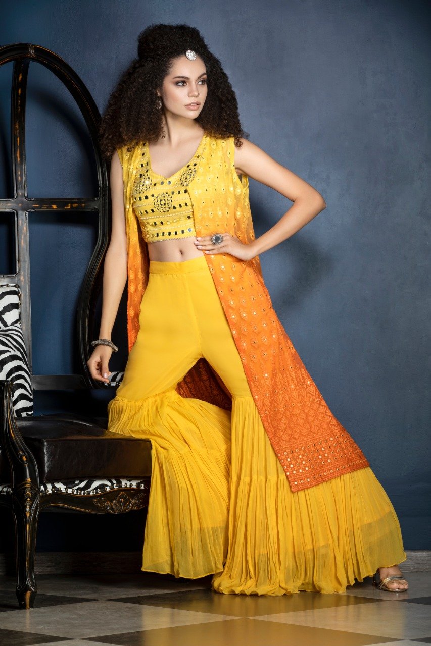 Chikenkari Jacket Gharara with mirror work