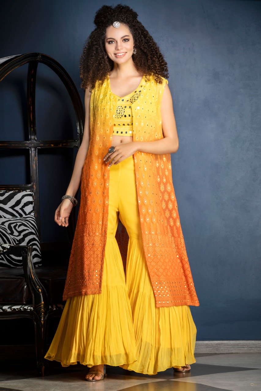 Chikenkari Jacket Gharara with mirror work