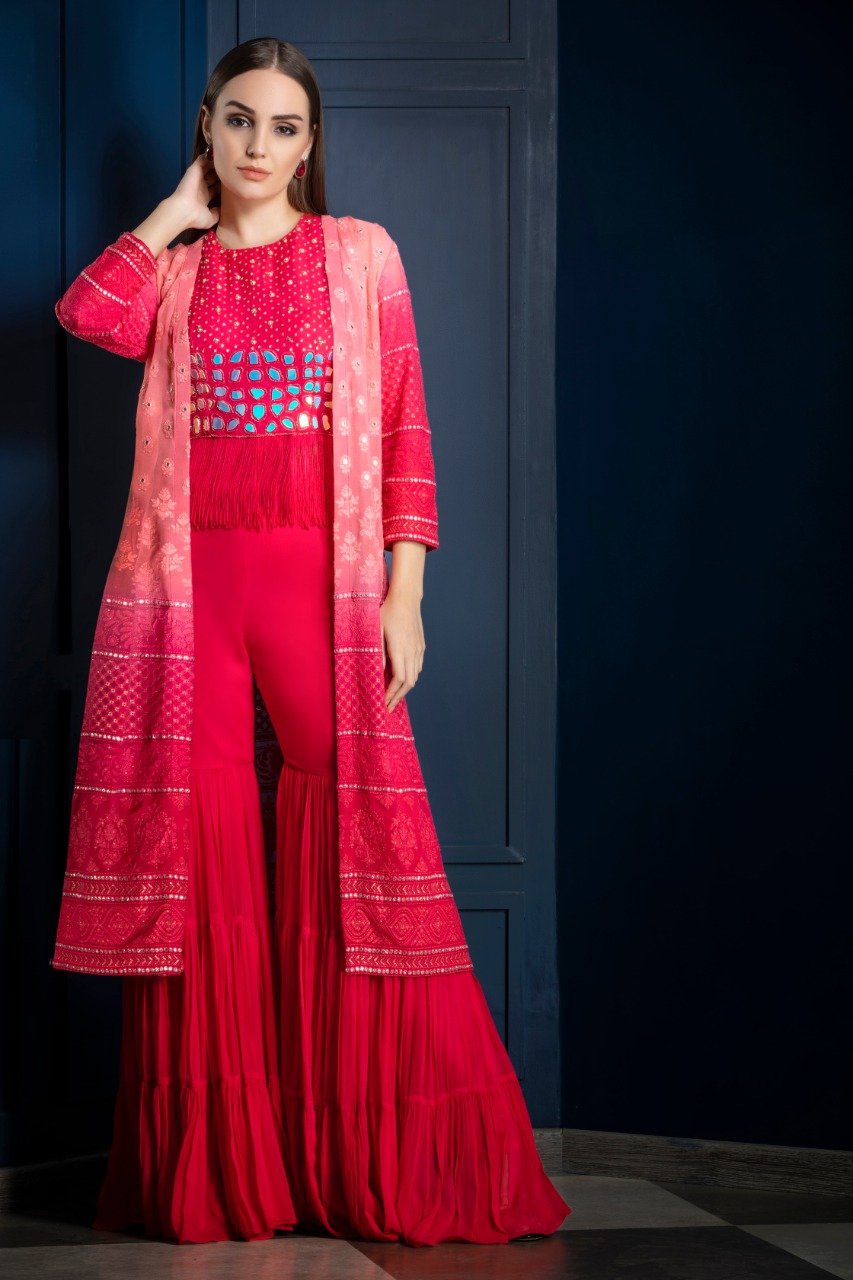 Partywear Gharara with Chikenkari Mirror Work Jacket