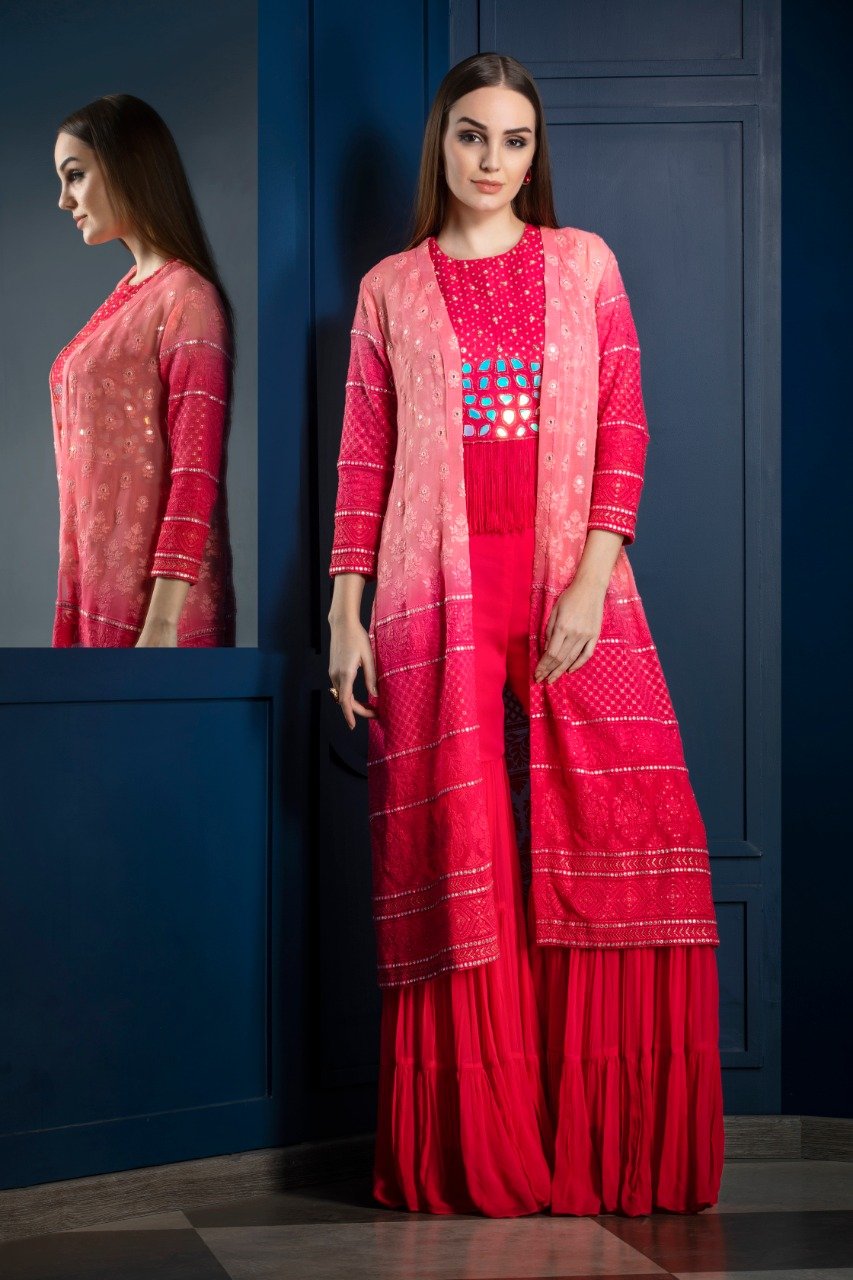 Partywear Gharara with Chikenkari Mirror Work Jacket