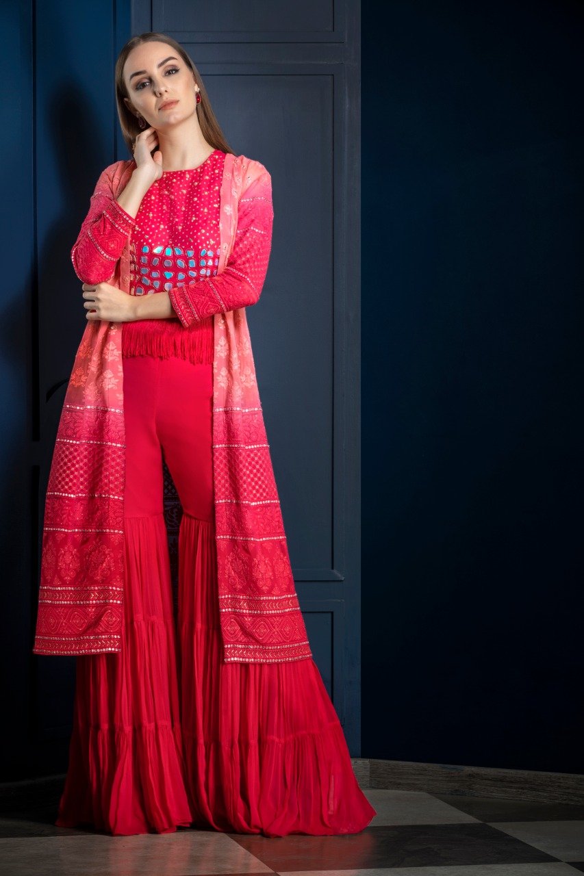 Partywear Gharara with Chikenkari Mirror Work Jacket