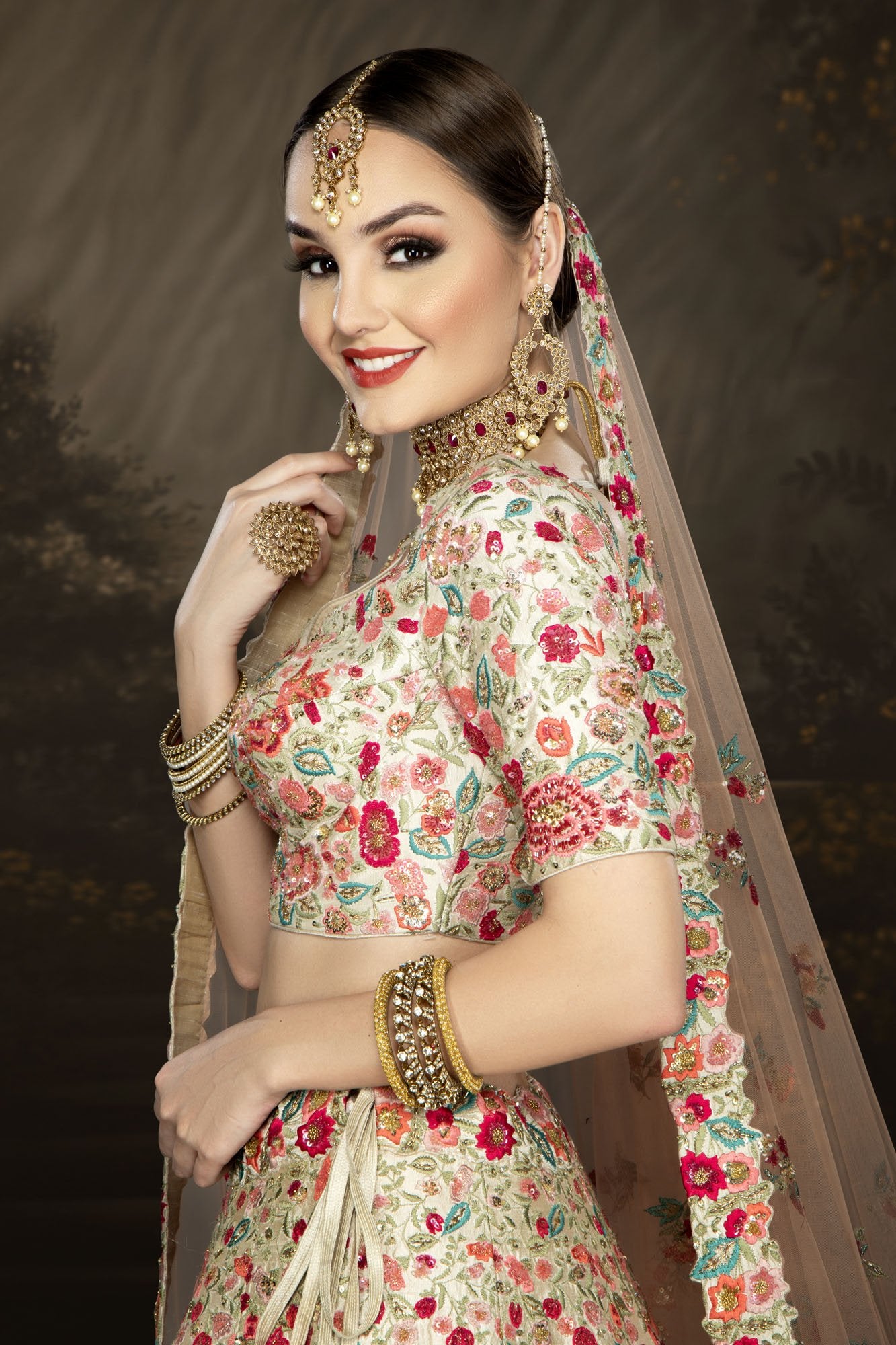 Ivory Bridal with Multicolor thread and Hand Embroidery