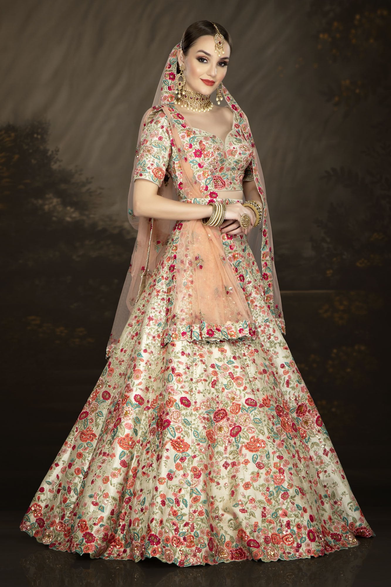 Ivory Bridal with Multicolor thread and Hand Embroidery