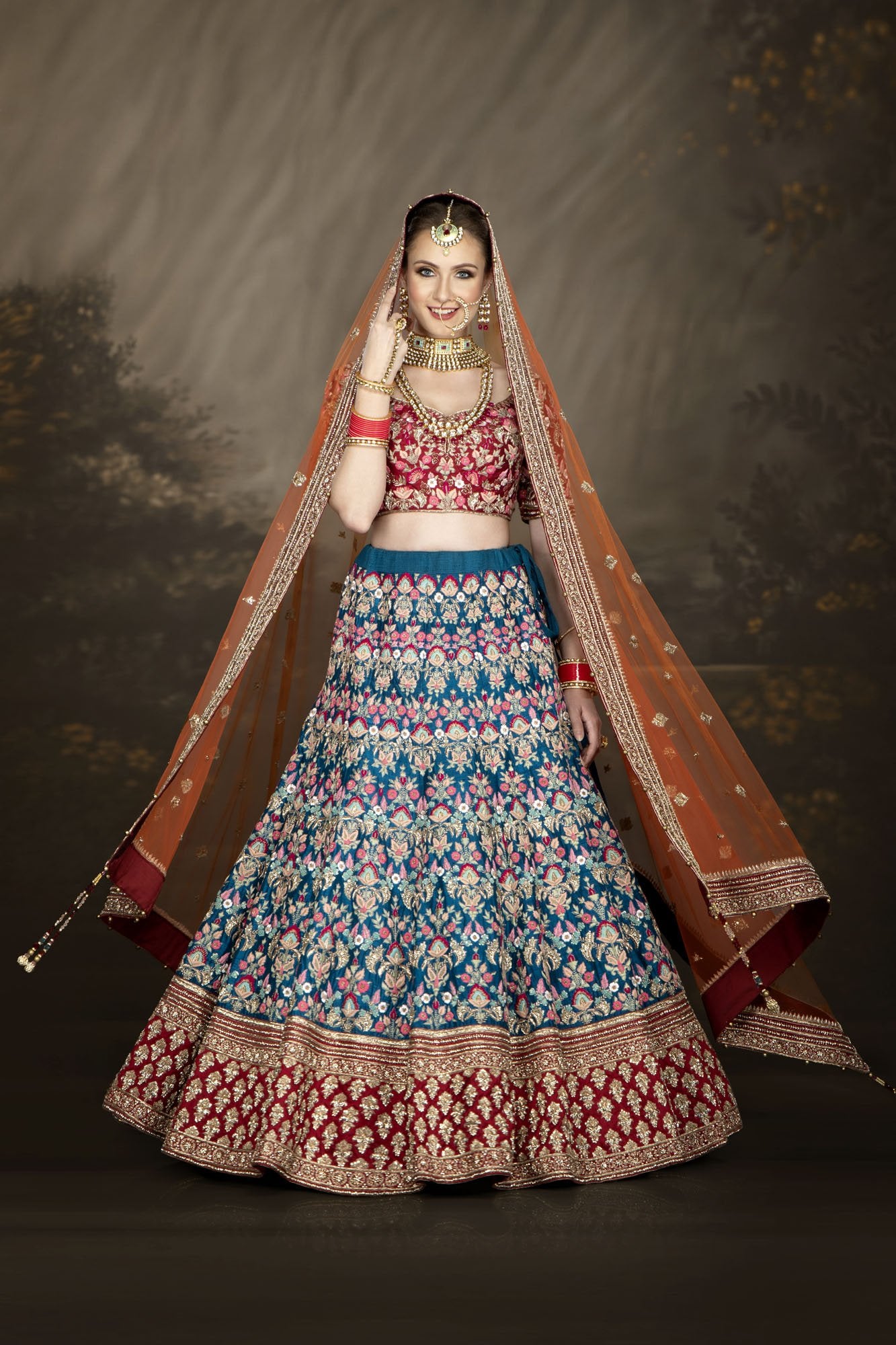 Bright Multicoloured Bridal Lehenga, Contrasting Dupatta