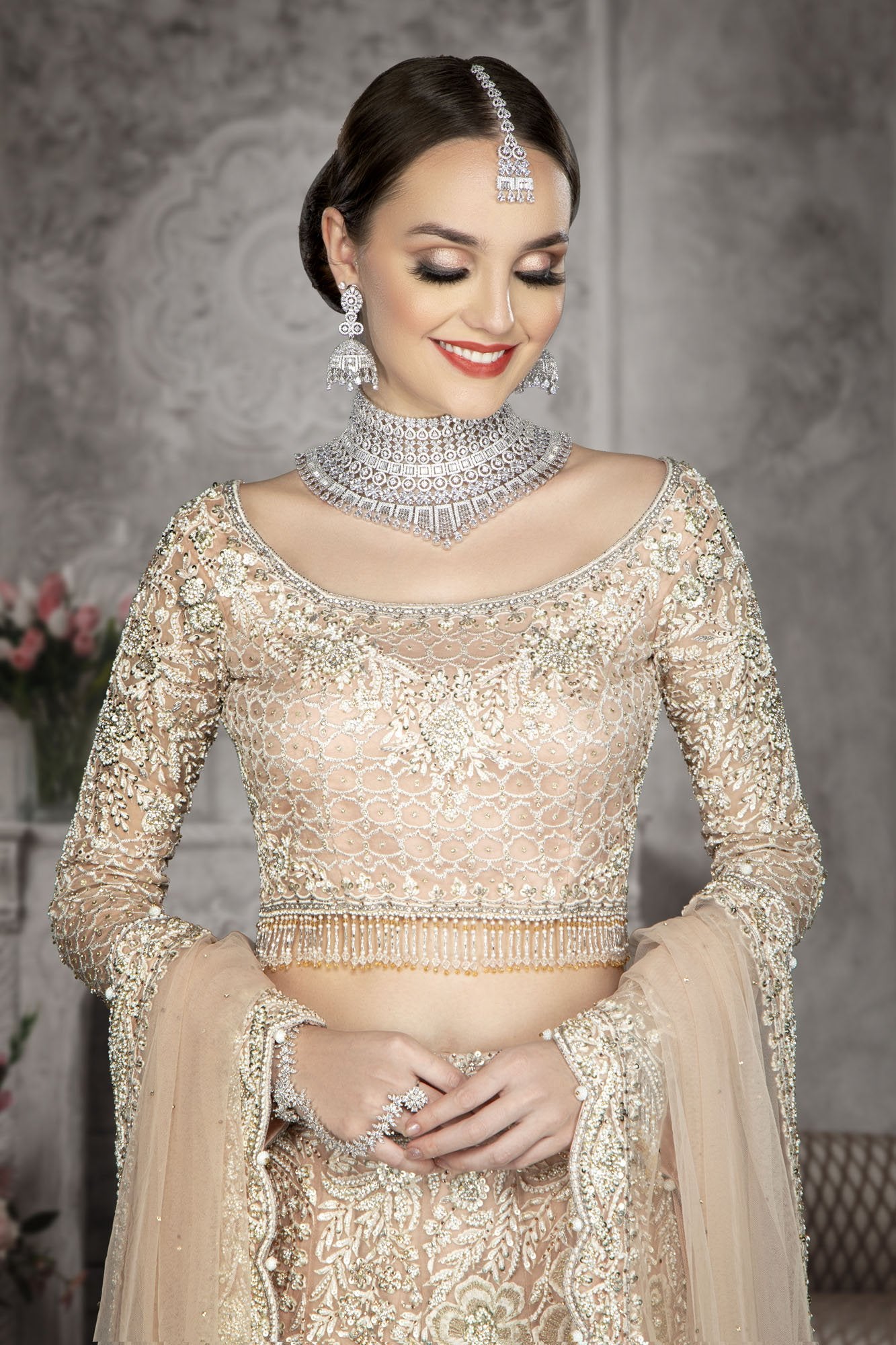 Organza Ivory Fishcut bridal with trail.