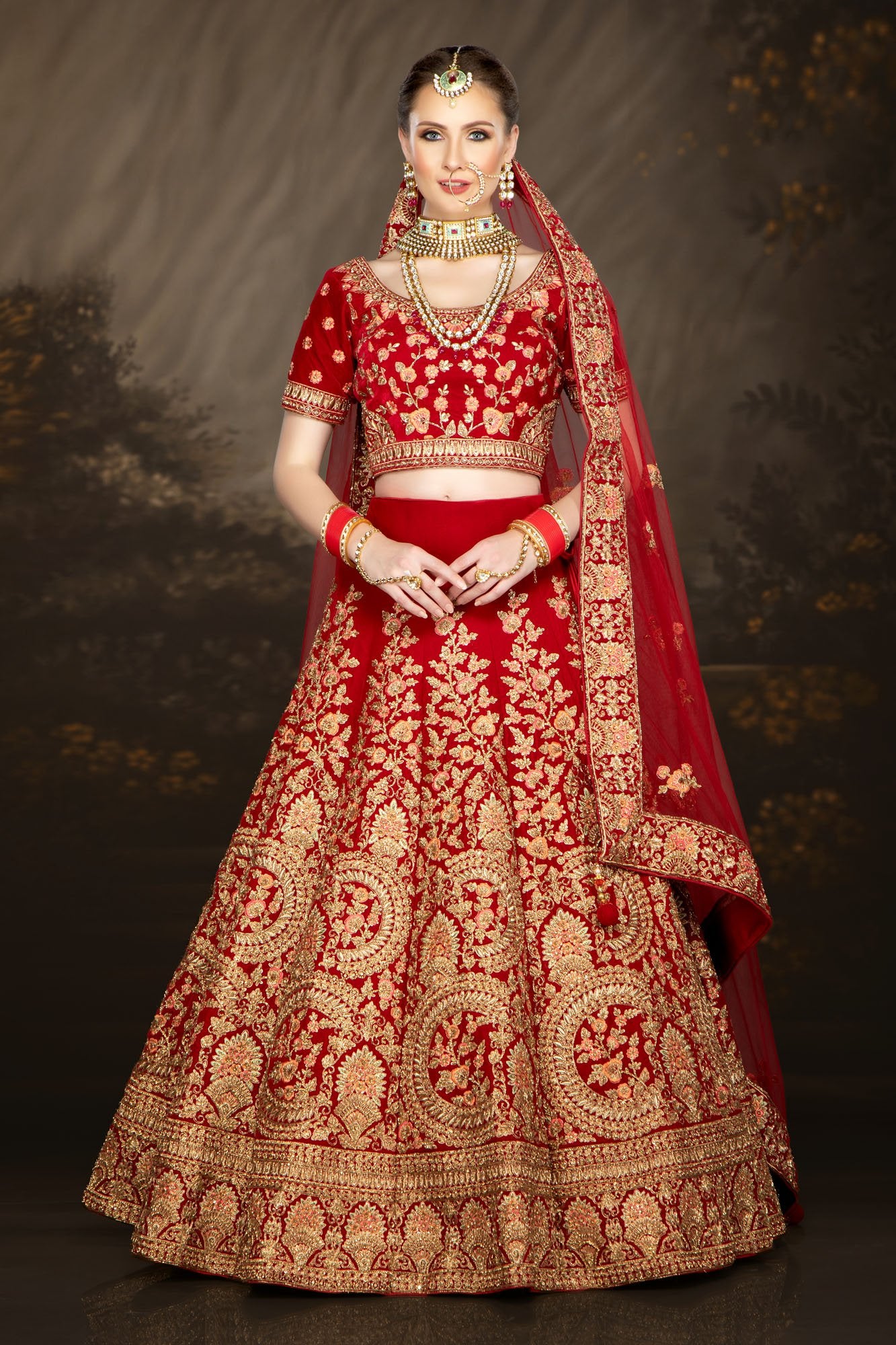 Red Micro-Velvet Bridal Lehenga