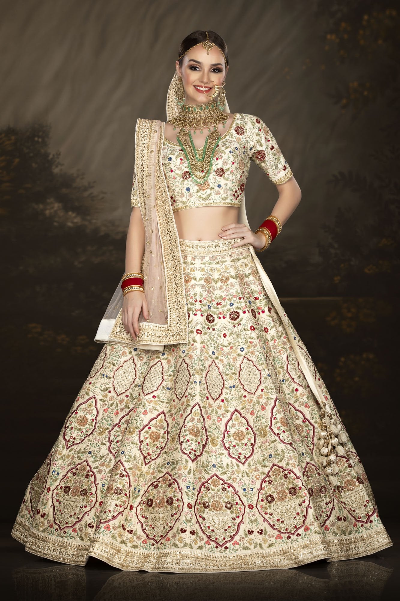 Multi-thread Embroidered Ivory bridal lehenga choli