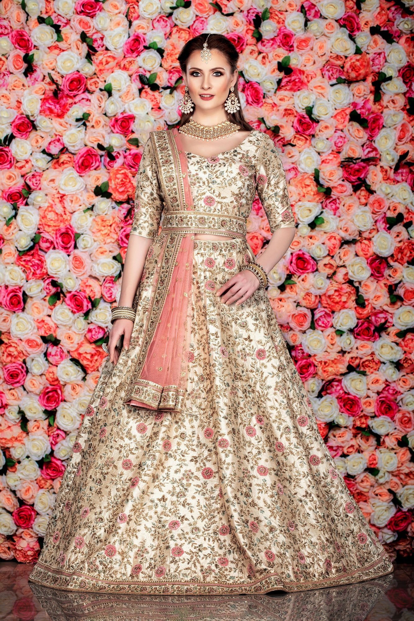 Ivory bridal lehenga with Contrast Peach Dupatta