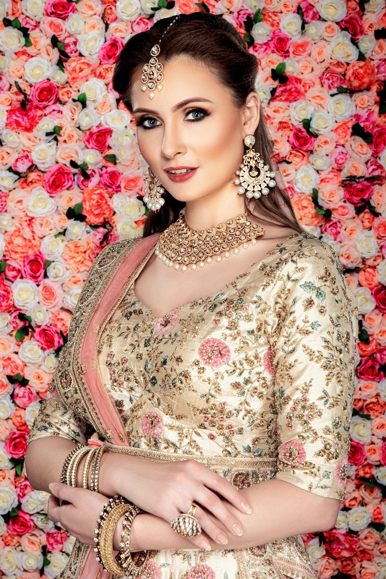 Ivory bridal lehenga with Contrast Peach Dupatta
