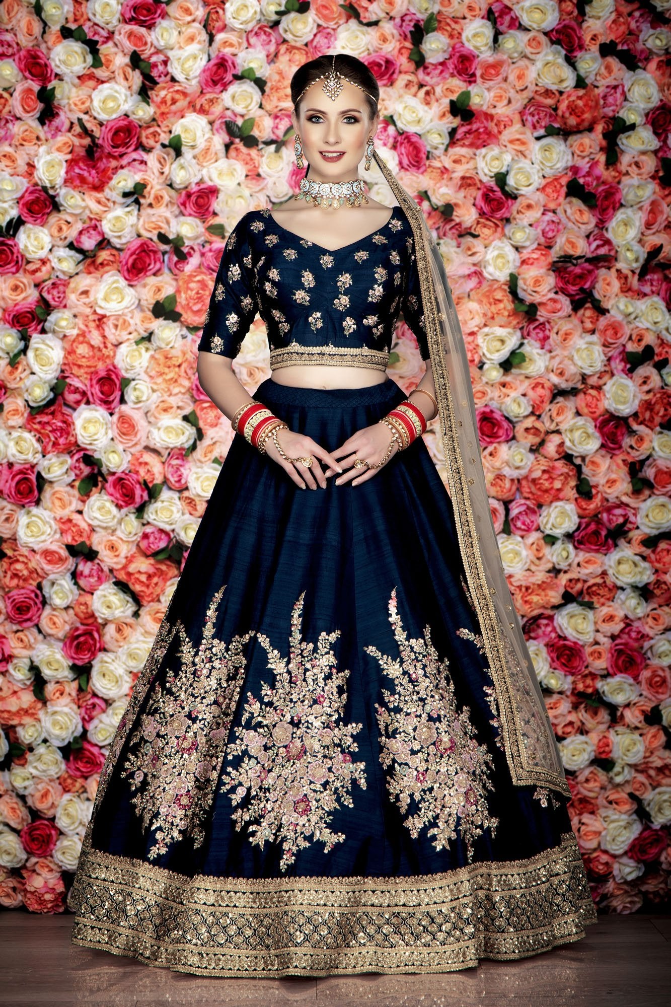 Elegant Navy Bridal Lehenga, Choli and Dupatta