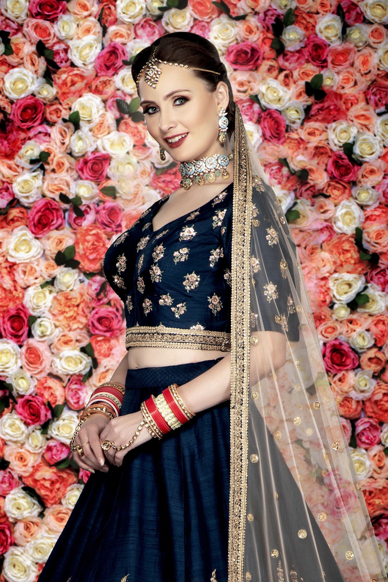 Elegant Navy Bridal Lehenga, Choli and Dupatta