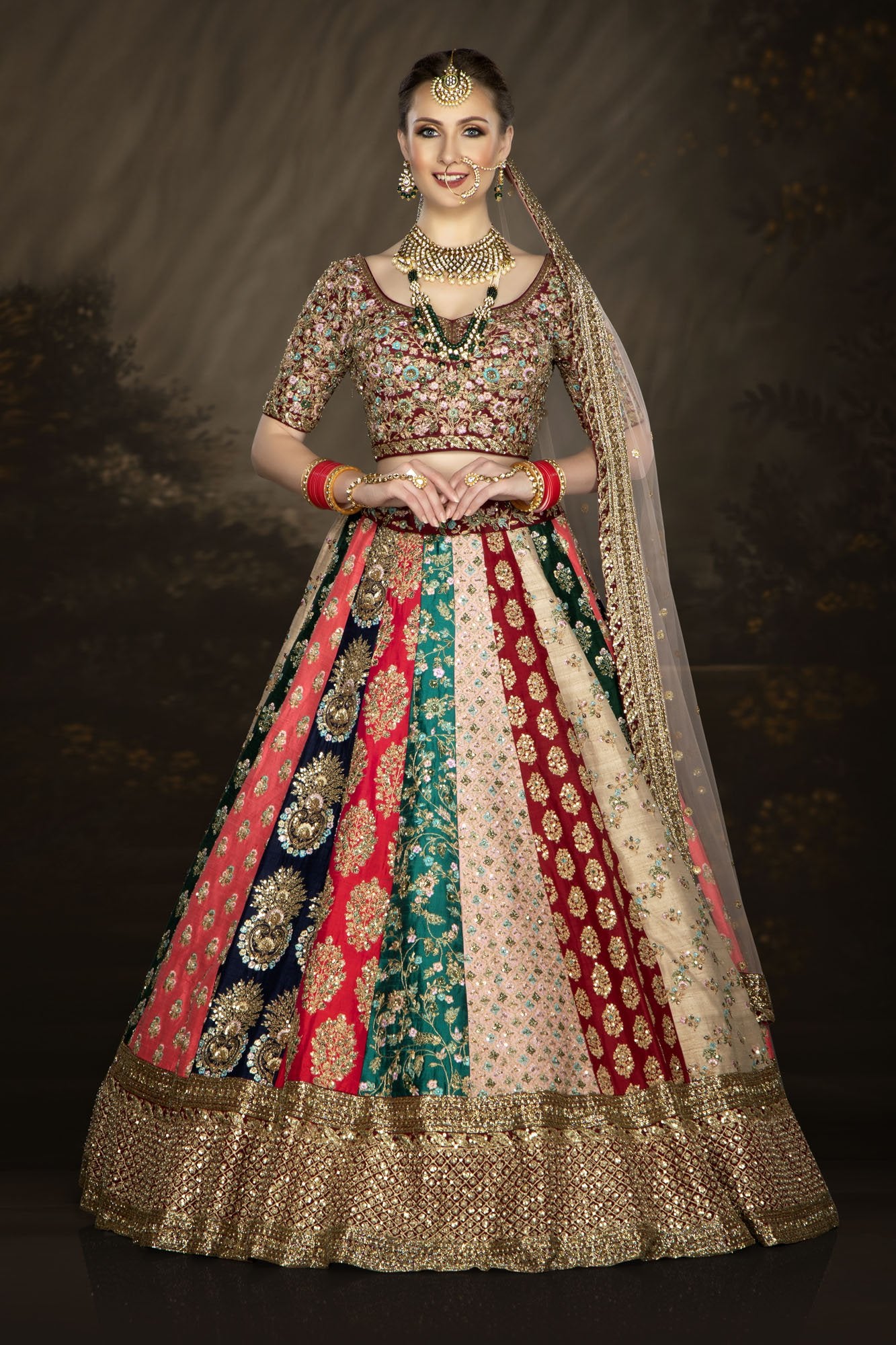 Multi-colored Bridal Lehenga with Intricate Embroidery Work