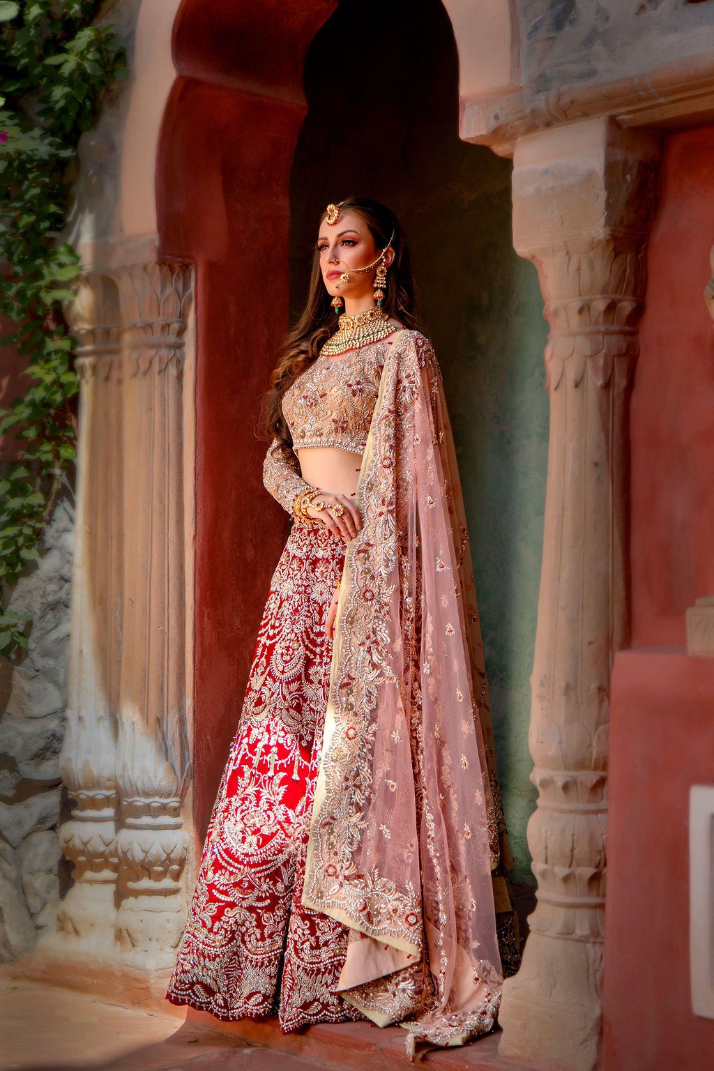 Red bridal Lehenga with Golden top