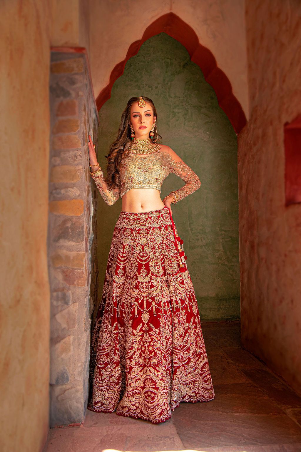 Red bridal Lehenga with Golden top