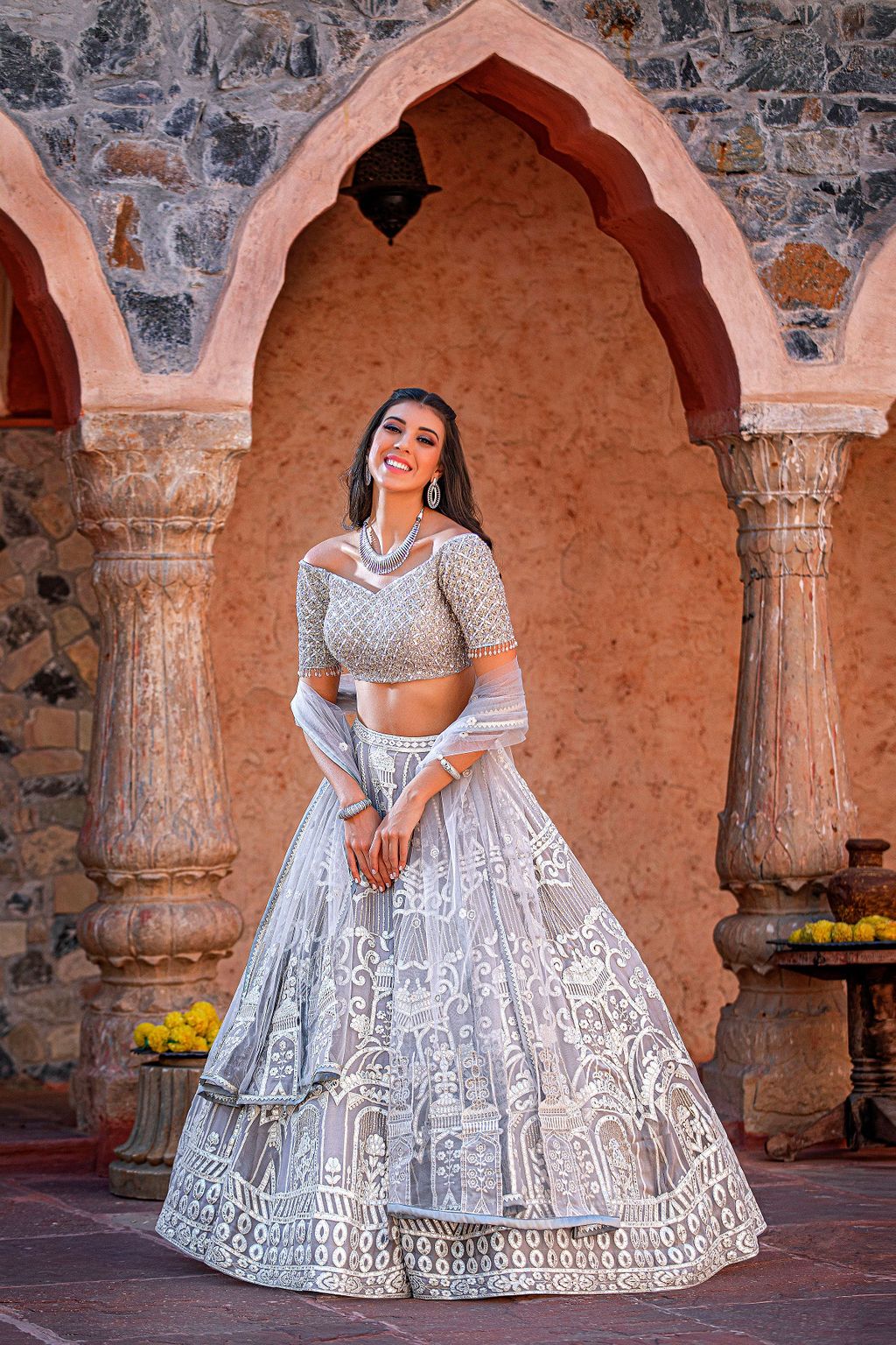Grey Leather Patch embroidery Lehnga